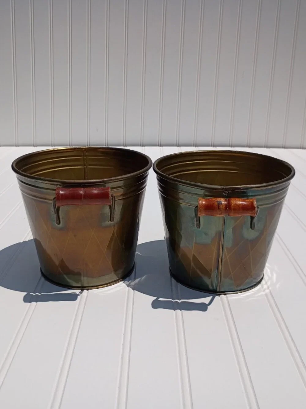 Vintage Brass Planters with Wooden Handles Set of 2 Diamond Pattern Pot Cachepot
